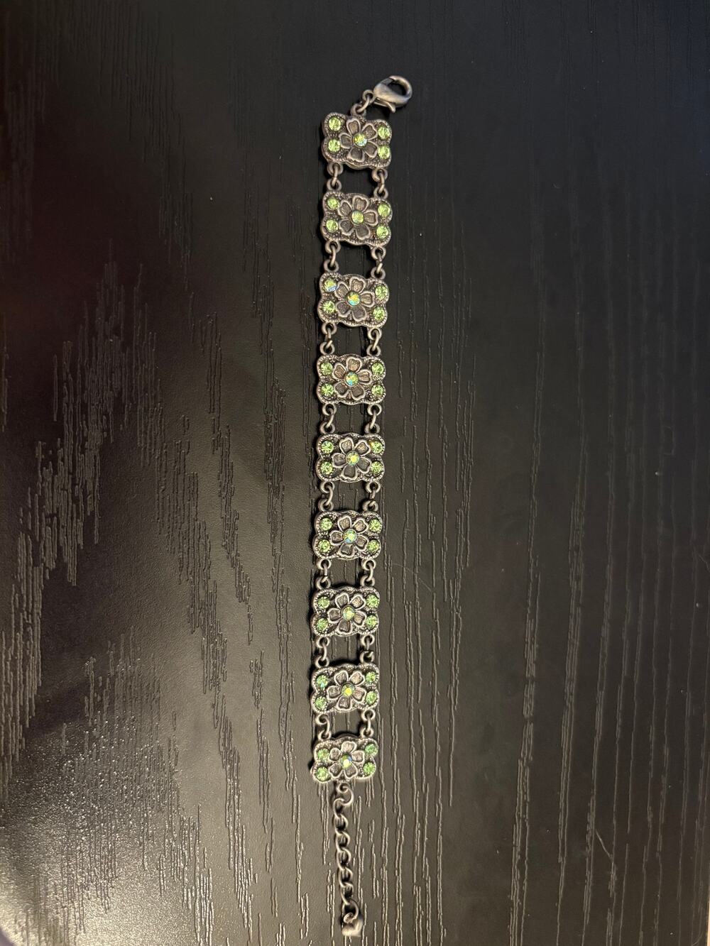 Vintage Green Rhinestone Floral Panel Bracelet Sz 6.25”